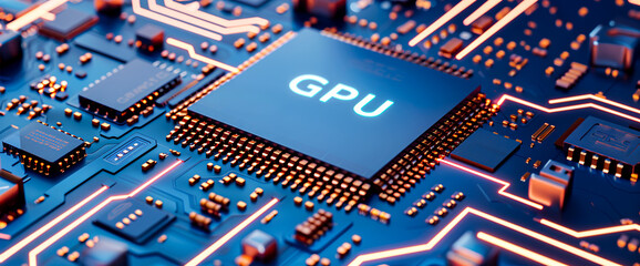 closeup view on GPU chip, computing, and artificial intelligence technology, AI supercomputer in the style of modern technology