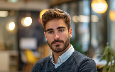 Fototapeta premium A man with a beard and a blue sweater is standing in front of a plant. The image has a casual and relaxed vibe, with the man looking directly at the camera