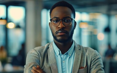 Obraz premium A man wearing glasses and a jacket is standing in front of a window. He is looking directly at the camera