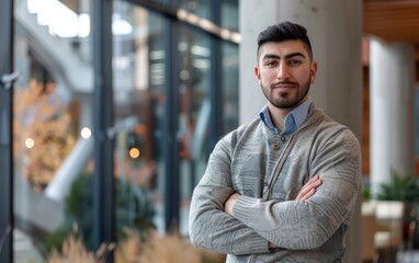 Fototapeta premium A man with a beard and a gray sweater is standing in front of a window. He is wearing a blue shirt and a tie
