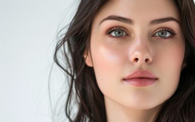 Obraz premium A woman with long dark hair and a bright smile. She has a light pink lip color. Concept of confidence and positivity