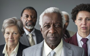 A group of people, including a man with a beard and a woman with curly hair, are standing together in a business setting