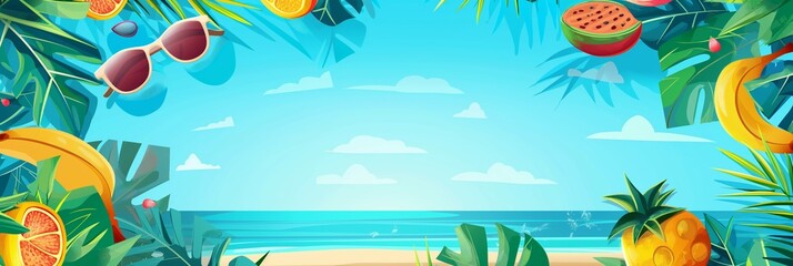 A tropical paradise beach scene with sandy shores, blue ocean, and vibrant fruits under a sunny sky.