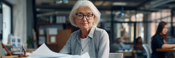 An elderly employee accountant joyfully working indoors, exemplifying dedication and professionalism in her role.