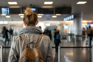 Blonde girl with her back turned waiting at an airport 