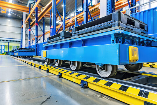 Automated guided vehicles in warehouse: Robots moving pallets within a high-tech logistics center.