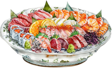 Sushi, watercolor painting, white background