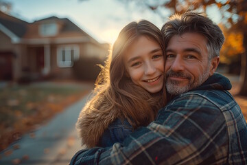 Obraz premium Father and daughter hugging, sunset background, symbolizing love and family support for back to school