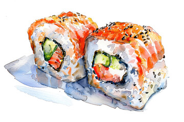 Sushi, watercolor painting, white background