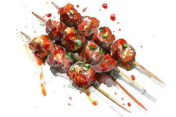 Thai food, meatballs, watercolor picture, white background