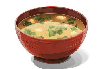 Japanese miso soup, salad, watercolor painting, white background