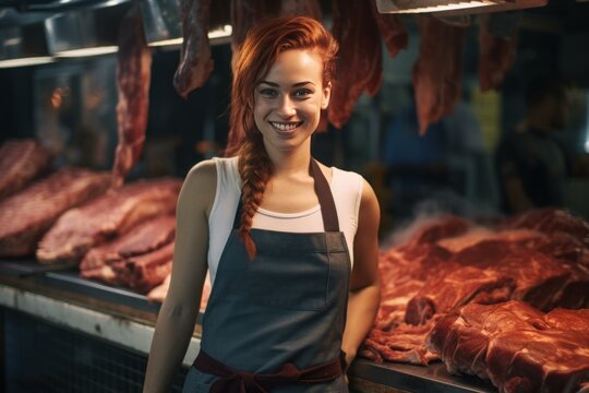 Smiling woman with an apron stands proudly in a butcher's shop surrounded by fresh cuts of meat