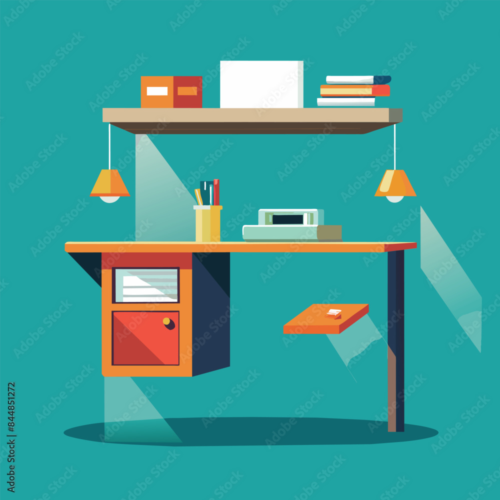 Poster a minimalist desk with a floating design features a drawer, a shelf with books, and two hanging lamp