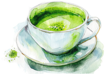 green tea, watercolor painting, white background
