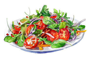 Thai food, papaya salad, watercolor picture, white background