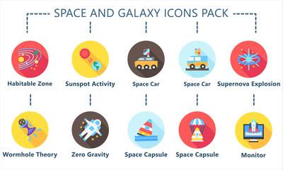 Space and Galaxy rounded multi color icons pack, related to education and technology theme. use for modern concept, web and app development. vector EPS 10.