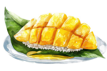 Thai food, mango sticky rice, watercolor picture, white background.