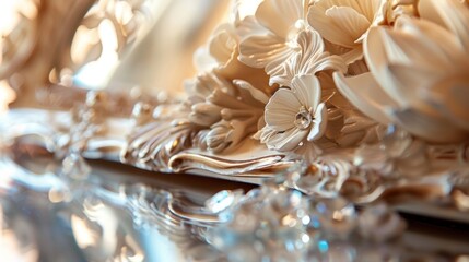 Soft focus captures the essence of aristocratic indulgence in this defocused image showcasing intricate floral patterns elaborate moldings and delicate crystal details reminiscent .