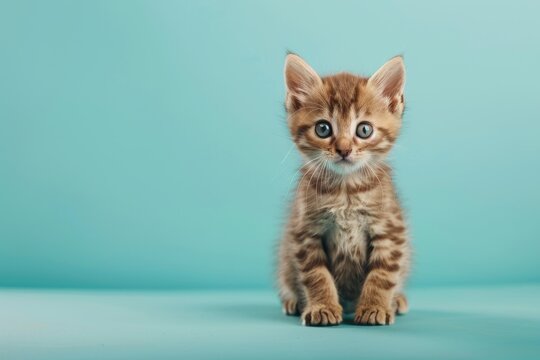 Cute kitten sitting on a green background, looking at the camera. National Kitten Day.