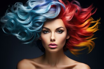 Fototapeta premium Captivating and dynamic portrait featuring a model with vibrant, multicolored rainbow hair, showcasing a creative and stylish hairstyle in a striking and bold fashion statement