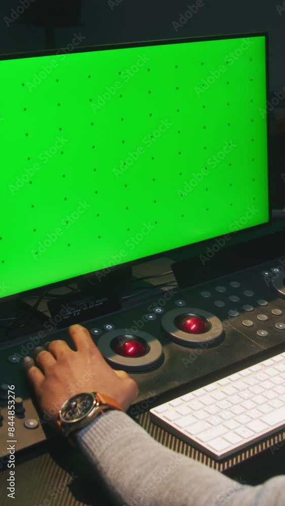 Poster african american film maker works on computer in studio with digital equipment. color grading contro