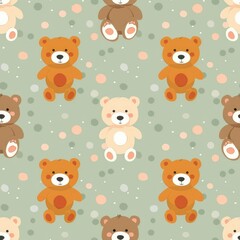 Seamless Pattern with Cute Teddy Bears on Pastel Green Background for Baby and Kids' Products
