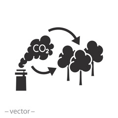 natural cleaning polluted air icon, trees capture co2 emission, forest filter carbon, reduce pollution, flat symbol on white background - vector illustration