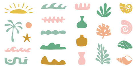 Retro Groovy Surf Club in trendy Boho style. Naive Geometric Summer Palm Tree. Simple background of sun sea. Retro Summer Beach Hand Drawn isolated illustration. Vintage Surf Club. Vector illustration