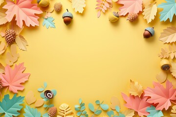 Obraz premium Autumn background in paper cut style colorful maple and oak leaves in the center space for text