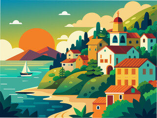 A picturesque seaside village with the sun rising over the ocean