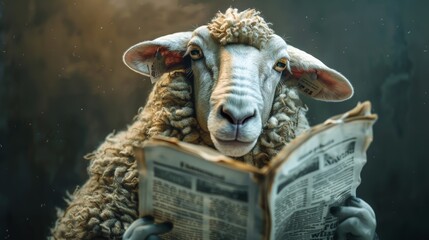 Sheep holding newspaper and watching in the camera. 