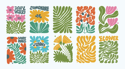 Set of groovy floral botanical background in trendy naive retro hippie 60s 70s style. Vertical poster with abstract wavy flower with shot motivate phrase
