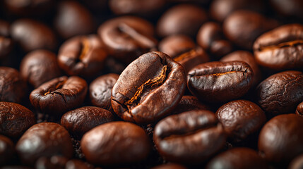 Close up of roasted coffee bean showing rich brown texture and aroma in organic dark seed background.