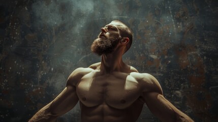 A man with a beard and big biceps poses on a dark background with sunlight. The athlete looks up