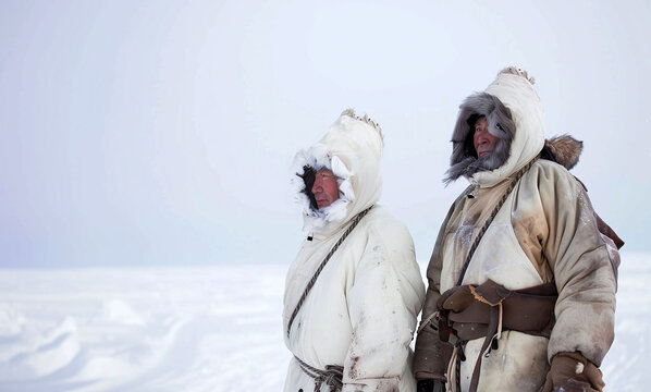 Arctic Unity: Captivating Portrait of Two Eskimos Embracing Cultural Heritage