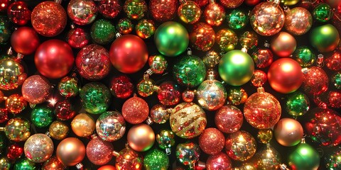 A vibrant display of Christmas ornaments featuring red, blue, and gold baubles nestled among blue pine branches. The festive colors and shiny surfaces create a cheerful holiday ambiance