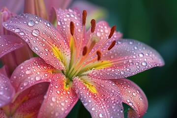Lily flower petals with water drops on it. Close up.