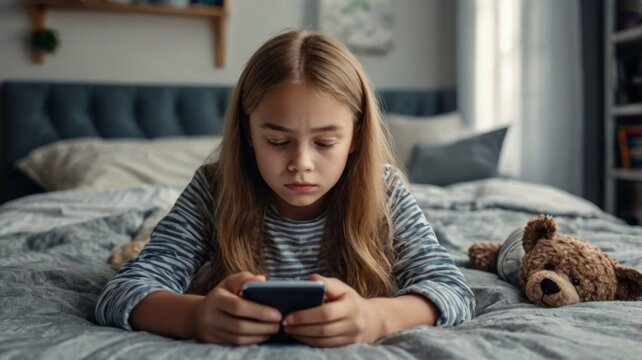 Concept of online classes. Positive kid in colourful headset raising hand with greeting gesture while looking at portable computer screen. Optimistic girl starting additional remote lesson with tutor.