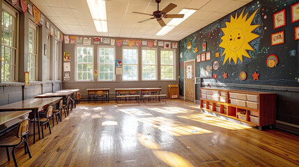 Sunlit Classroom with Wooden Floors and Colorful Wall Decorations