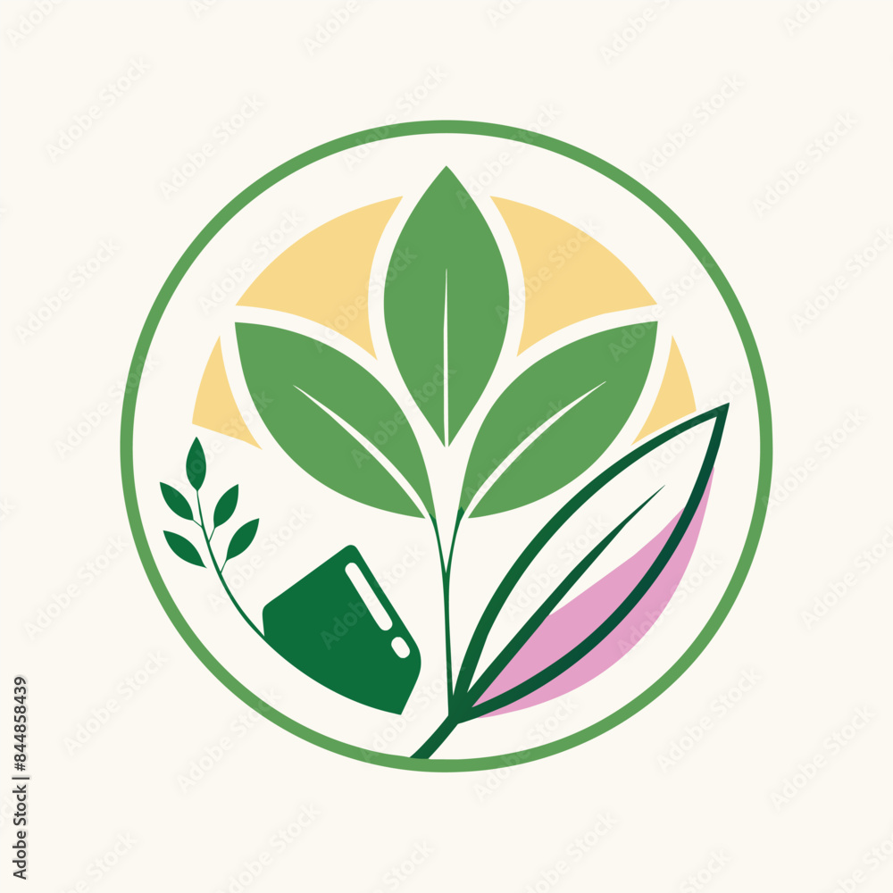 Sticker a minimalist logo design featuring green leaves and a circle, representing a vegan makeup brand, a m