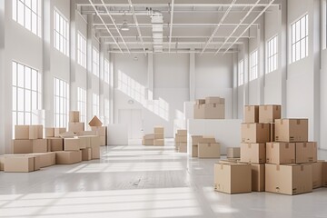 Warehouse with cardboard boxes and sunlight