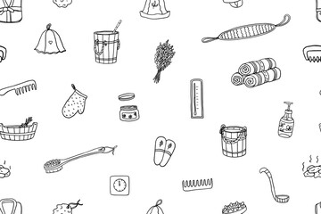 Seamless pattern of sauna and spa theme in doodle style. Wellness, relaxation, enjoy, joy, bathhouse. Hand drawn. Great for banner, posters, stickers and professional design.