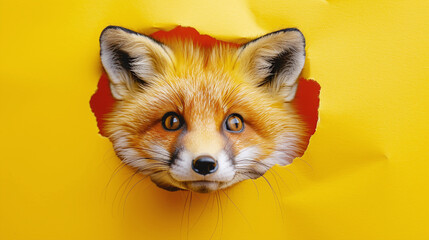 Fototapeta premium Curious Red Fox Peeking Through Yellow Paper Background Adorable Wildlife Closeup