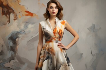 Stylish young woman poses in a chic printed dress, complementing the swirling abstract art backdrop