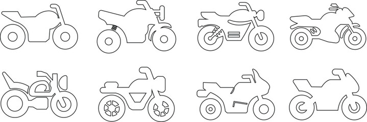 List of different type of motorcycle, bike, and motorbike icon set. Side view of all kind of motorcycle from moped, scooter, roadster, sports, cruiser, touring, scrambler, trial bike, and chopper.