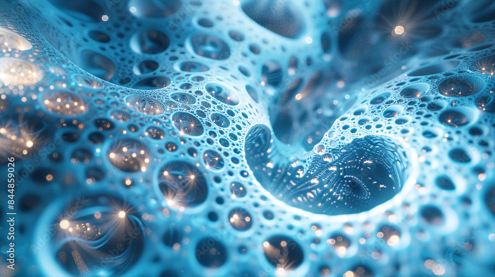 Poster abstract blue fractal pattern with glowing light particles in dark background artistic representatio