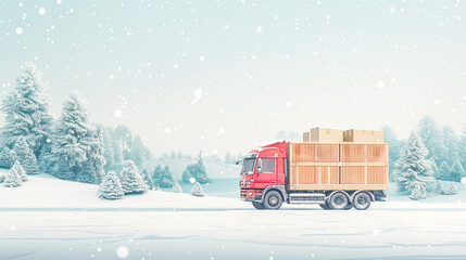 Red Delivery Truck Driving Through Snowy Forest Road with Snowfall in Winter Landscape