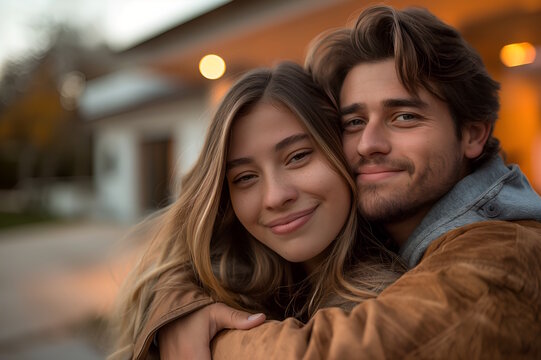 Young teenagers couple hugging outdoors, symbolizing love and affection