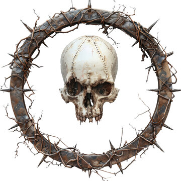 Round Horror metal frame with skull and spikes on transparent background