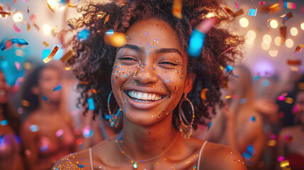 Cheerful Woman with Glitter on Face and Curly Hair Celebrating at a Festive Party